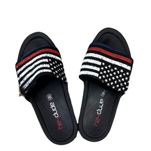 Hey Dude Men’s Black Slides with Red, White & Blue Americana Strap